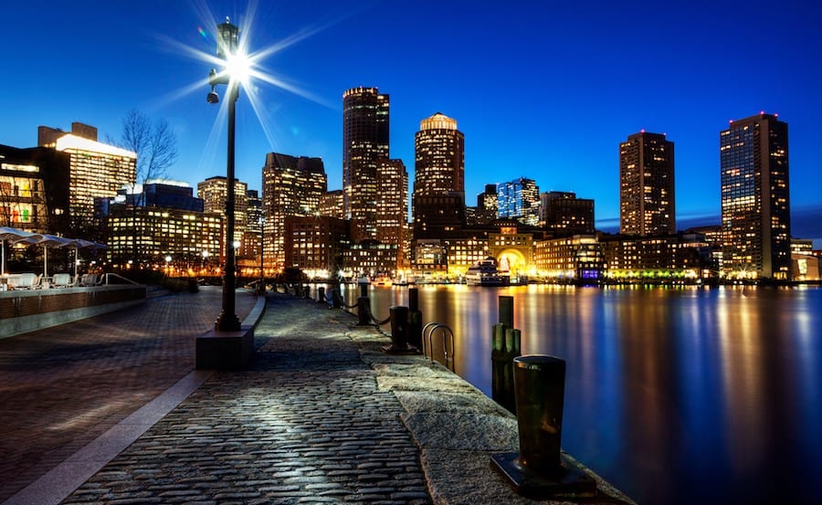 Boston Harbor and Financial District in Boston, Massachusetts at Sunset